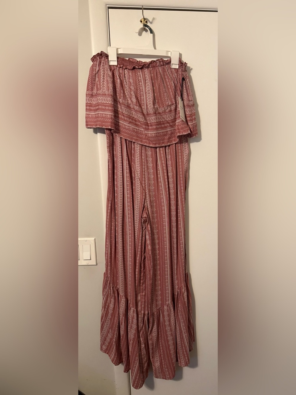 Striped Off-Shoulder Wide Leg Jumpsuit in Dusty Rose